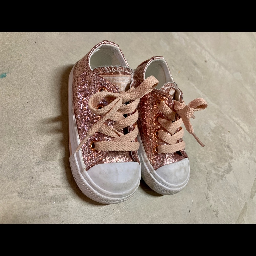 Toddler girl size 5 sparkly rose gold converse shoes